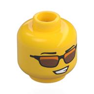 Minifig Head, Black Eyebrows, Black Sunglasses with Copper Lenses, Lopsided Grin, Teeth Yellow