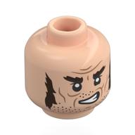 Minifig Head Mr. Borgin, Dark Brown Eyebrows, Sideburns, Stubbles, Cheek Lines, Lopsided Grin / Worried Light Nougat