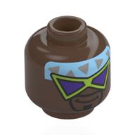 Minifig Head Funk Ops, Black Beard, Moustache, Lime Glasses, Dark Purple Lenses, Bright Light Blue/Silver Headband, Smile/Stern Umber Brown