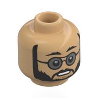 Minifig Head Doctor Pershing, Black Beard, Glasses with Trans-Black Lenses, Worried / Stern Frown Warmes Beige