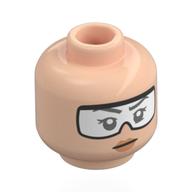 Minifig Head Dana Scully, Dark Orange Eyebrows, Nougat Lips, Raised Eyebrow / Black Goggles, White Glass print Light Nougat