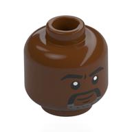 Minifig Head Mr. X, Black Eyebrows, Black Moustache, Dark Bluish Grey Beard, Neutral Smile / Angry Rotbraun
