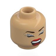 Minifig Head Olivia Rodrigo, Dark Brown Eyebrows, Silver/White Eyeshadow, Red Lips, Wink, Tongue Sticking Out / Singing, Eyes Closed Warm Tan