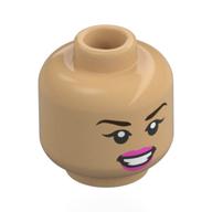 Minifig Head Olivia Rodrigo, Dark Brown Eyebrows, Bright Pink Lips, Open Mouth Smile / Wink, Open Mouth, Red Tongue, Stickers on Face Warmes Beige