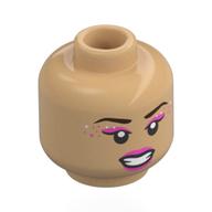 Minifig Head Olivia Rodrigo, Dark Brown Eyebrows, Dark Pink Eyeshadow, Lips, Silver Sparkle, Open Mouth Smile / Wink, Red Tongue Warm Tan