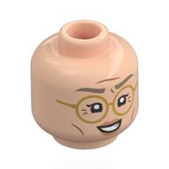 Minifig Head Dr. Kureha, Dark Tan Eyebrows, Peach Lips, Wrinkles, Open Mouth, Gold Glasses / Frown Hellnougat