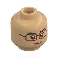 Minifig Head Captain Tashigi, Dark Brown Eyebrows, Dark Red Glasses, Neutral Smile / Scared Warm Tan