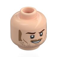 Minifig Head Owen Grady, Reddish Brown Eyebrows, Dark Tan Stubbled Beard, Sideburns, Mustache, Smile / Closed Mouth Hellnougat