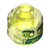 Minifig Head Ghost Dwayne, Yellowish Green Face, Bushy Eyebrows, Angry, Flames in Back Transparent-Neongrün