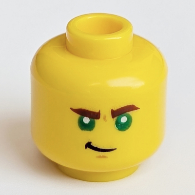 Minifig Head Lloyd, Green Eyes, Reddish Brown Eyebrows, Smirk / Scared Print Gelb