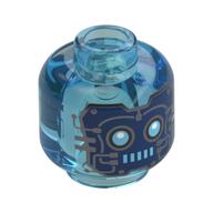Minifig Head Robot, Dark Blue Face with Wires and Circuitry, Azure Eyes and Mouth Print Transparent-Hellblau
