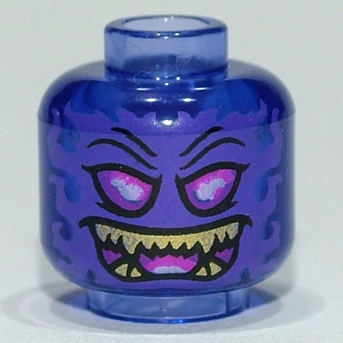 Minifig Head Overlord, Dark Pink Eyes, Yellow Fang Teeth / Swirled Flames print Trans-Purple