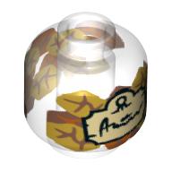 Minifig Head (No Face), Bottle / Jar, Leaves, Tan Label with Black Script Print Trans-Clear