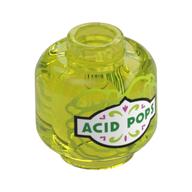Minifig Head (No Face), Bottle / Jar, Green 'ACID POPS' Print Trans-Yellow