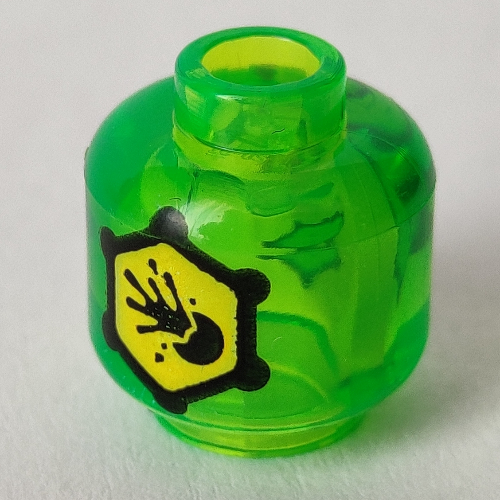 Minifig Head (No Face), Black Hexagon with Yellow Background, Warning Symbol print Trans-Bright Green