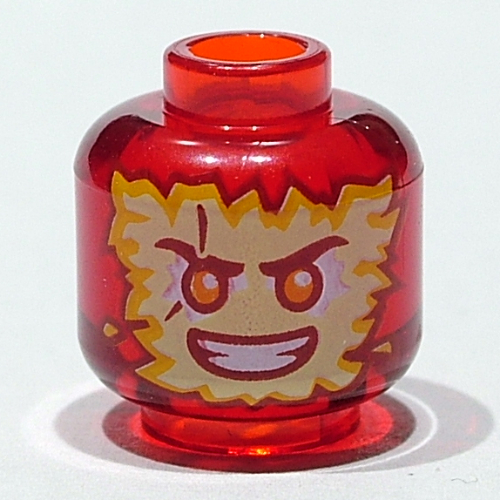 Minifig Head Kai, Yellow Flames, Grin, Red Eyes print [Vented Stud - 2 Holes] Trans-Red