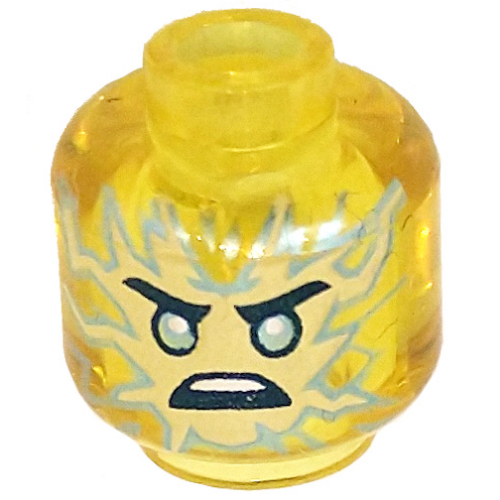 Minifig Head Jay, Sand Blue Flames, Green Eyes print Transparent-Gelb