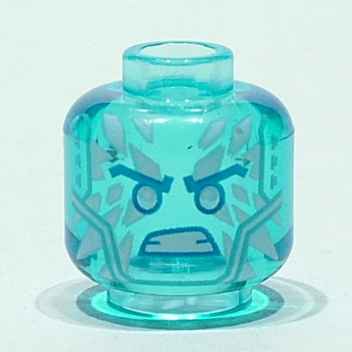 Minifig Head Zane, Medium Azure Angled Eyebrows, White Ice Diamonds, Angry Print Transparent-Hellblau