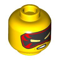 Minifig Head Kai, Black/Red Eyemask, Angry Teeth/Dark Orange Eyebrows, Scar, Bandage, Smirk print Gelb