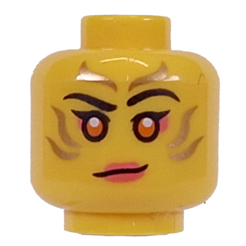 Minifig Head Sora, Coral Eyeshadow and Lips, Gold Markings, Golden Eyes / Angry Grin print Gelb
