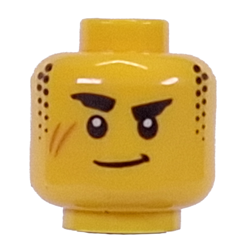 Minifig Head Arin, Thick Raised Eyebrows, Smirk, Stubbles print Gelb