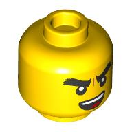Minifig Head Cole, Black and Dark Red Eyemask / Thick Eyebrows, Open Mouth print Yellow