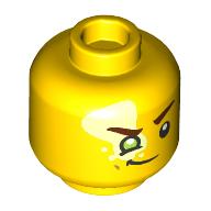 Minifig Head Mateo, Bright Light Yellow Spot over Eye, Reddish Brown Eyebrows, Lime Eye, Smirk / Open Mouth Grin Print Gelb