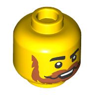 Minifig Head, Raised Thick Eyebrow, Dark Orange Moustache and Beard, Open Mouth Print Gelb