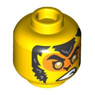 Minifig Head Monkie Kid, Raised Eyebrow with Crooked Scowl / Orange Face with Gold Eyes and Fur print Gelb