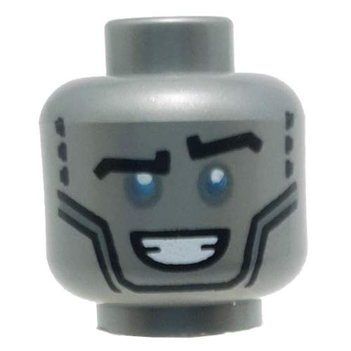 Minifig Head Zane, Metallic Blue Eyes, Silver Plates, Smile Print Mattsilber