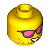 Minifig Head, Coral and Magenta Glasses, Beard Stubble, Smile Print Yellow