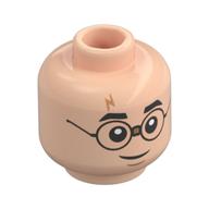 Minifig Head Harry Potter, Taped Glasses, Eyebrows, Dark Orange Lightning Scar, Grin / Open Mouth Surprised Print Light Nougat
