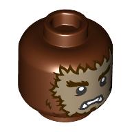 Minifig Head Werewolf, Dark Tan Furry Face, Dark Brown Eyebrows, Scared / Happy Print Rotbraun