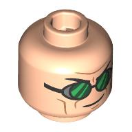 Minifig Head Green Goblin, Long Eyebrows, Open Mouth Smile / Goggles, Green Lenses, Lopsided Grin Hellnougat
