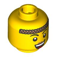 Minifig Head, Arched Eyebrows, Nougat Headband, Open Mouth Smile, Peach Lips Print Yellow