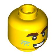 Minifig Head, Thick Reddish Brown Eyebrows, Sand Blue Face Paint, Mean Smile Print Gelb