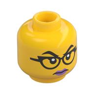Minifig Head, Raised Black Eyebrows, Black Glasses, Lavender Lips, Angry Stare/Smirk Gelb