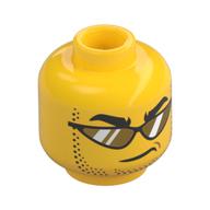 Minifig Head, Thick Black Eyebrows, Stubbled Beard, Smirk, Sunglasses with Gold Glasses Yellow