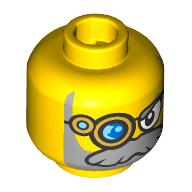 Minifig Head Mr. Oz, Gold Monocle with Blue Lens, Light Bluish Gray Beard Print Yellow