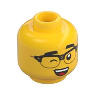 Minifig Head, Eyebrows, Half-Rimmed Glasses, Smirk / Wink, Open Mouth Smile Print Yellow