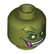 Minifig Head The Lizard, Dark Green Scales, Eyeshadow Lime Eyes, Dark Pink Fangs, White Teeth Olive Green