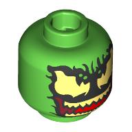 Minifig Head Green Goblin, Bright Light Yellow Large Eyes, Teeth, Red Tongue, Half/Full Black Venom Mask Bright Green