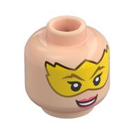 Minifig Head Electro, Yellow Mask, Coral Lips, Open Mouth Smile Light Nougat