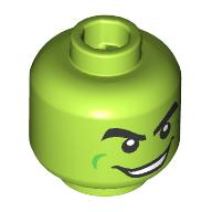 Minifig Head Green Goblin, Thick Black Eyebrows, Mean Grin Limette