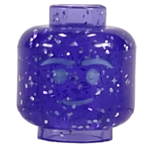 Minifig Head, Silver Face print Glitter Trans-Purple