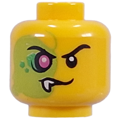 Minifig Head Mutant Blacktron, Black Eyebrows, Right Side Lime, Dark Green Sports, Purple Eye, Fang Yellow