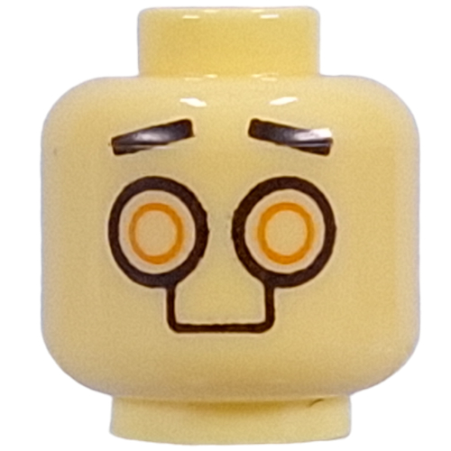 Minifig Head Black Eyebrows, Gold Droid Eyes, Metal Plating on Back, Orange Triangle Symbol Bright Light Yellow