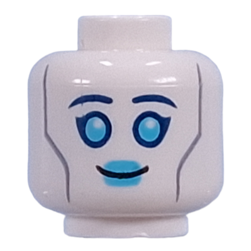 Minifig Head Droid, Dark Blue Eyebrows, Dark Turquoise Eyes, Lips, Silver Lines, Plug on Back White