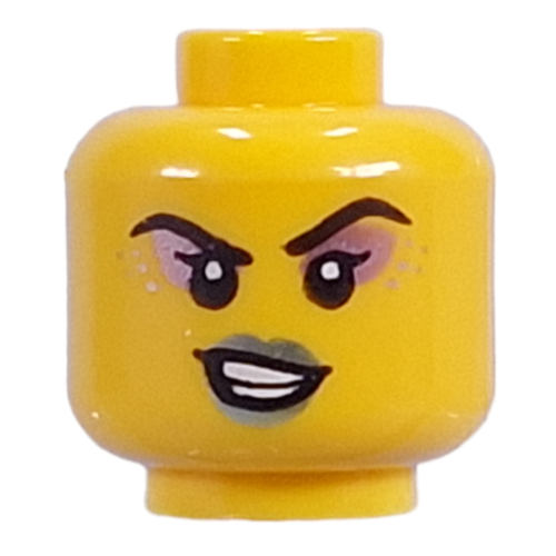 Minifig Head Metal Pink Eyeshadow, Metal Blue Lips, Closed Mouth Smirk/Open Mouth Smirk Yellow