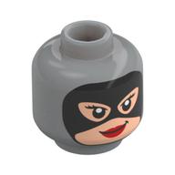Minifig Head Catwoman, Black Mask, Light Nougat Face, Red Lips print Light Bluish Gray